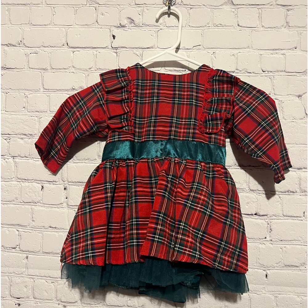Toddler Red and Emerald Green Plaid Christmas Dress with Large Satin Bow